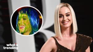 Katy Perry smiling at an event with an inset of her covered in green slime and wearing a blue wig.