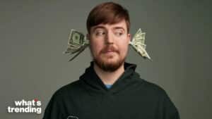 Man with beard and brown hair wearing a black hoodie with dollar bills tied to his ears against a gray background