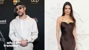 Bad Bunny wearing a white hoodie and sunglasses at Billboard Awards, Kendall Jenner in a black dress at Atlantis Dubai event