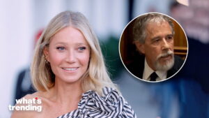 Gwyneth Paltrow smiling in a striped dress with a circular inset of a man with gray hair and beard in a suit.
