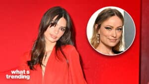 Emily Ratajkowski in a red outfit with an inset of Olivia Wilde against a red background