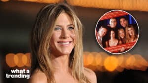 Jennifer Aniston smiling with a Friends cast photo inset and "what's trending" text.