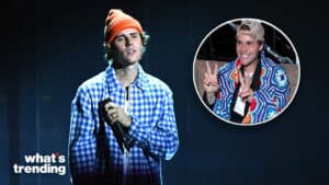 Justin Bieber performing on stage wearing an orange beanie and blue checkered shirt, inset shows him smiling and flashing peace signs.