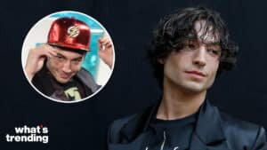 Actor Ezra Miller looking to the side with an inset of Miller wearing a red Flash cap adjusting it