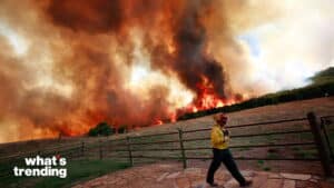 Firefighter walking near a large wildfire with thick smoke and flames on a hillside