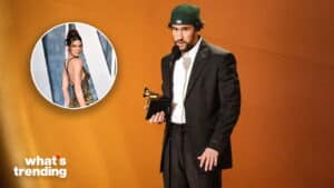 Bad Bunny holding a Grammy award and speaking at a microphone, inset of Kendall Jenner in a gold dress