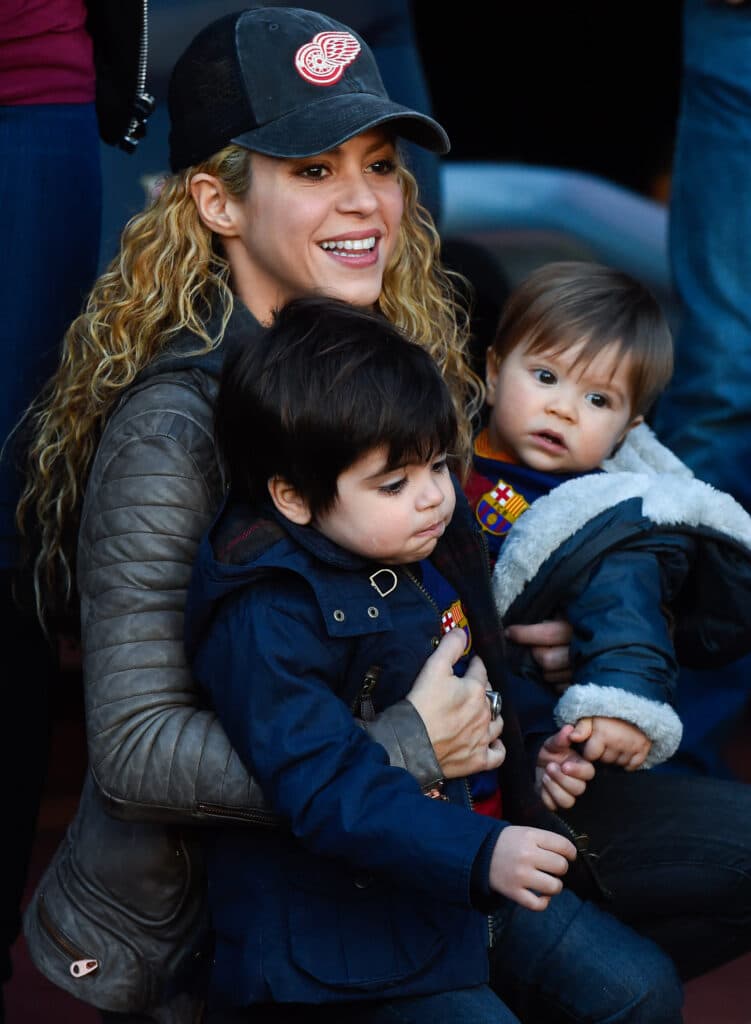 Shakira carries her children Milan and Sasha ahead of the La Liga match between FC Barcelona and Real Sociedad de Futbol at Camp Nou on November 28, 2015 in Barcelona, Spain.