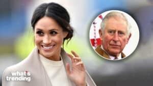 Meghan Markle smiling and waving with an inset image of Prince Charles looking serious