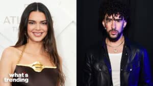 Kendall Jenner smiling in a gold-accented dress and Bad Bunny in a black leather jacket with a septum ring against a dark background.