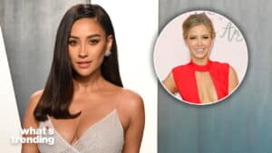 Shay Mitchell in a white dress with inset of Kristin Cavallari in a red dress smiling at an event