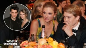 Taylor Swift and Joe Alwyn sitting at a table with flowers and drinks, inset photo of Swift with John Mayer