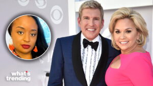 Two smiling people dressed formally with an inset of a woman wearing orange earrings and red lipstick, "what's trending" text visible.