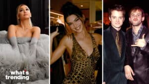 Ariana Grande in a gray tulle dress, Kendall Jenner in a gold dress smiling, Elijah Wood and Dominic Monaghan posing together