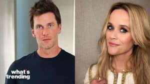Tom Brady and Reese Witherspoon side-by-side portraits with "what's trending" logo on left side