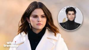 Selena Gomez in a white coat with an inset image of Zayn Malik in a black turtleneck and jacket.