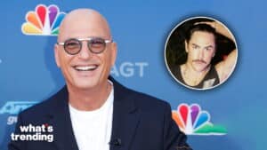 Howie Mandel smiling at America's Got Talent event with inset photo of a man with mustache and black tank top