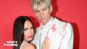 Megan Fox and Machine Gun Kelly posing together against a red background with "what's trending" text.
