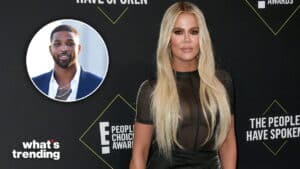 Khloé Kardashian in black sheer top at People’s Choice Awards with inset of Tristan Thompson in blue suit.