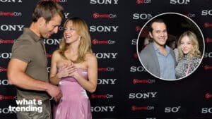 Actors Sydney Sweeney and Jacob Elordi smiling and talking at CinemaCon with an inset of them posing together.
