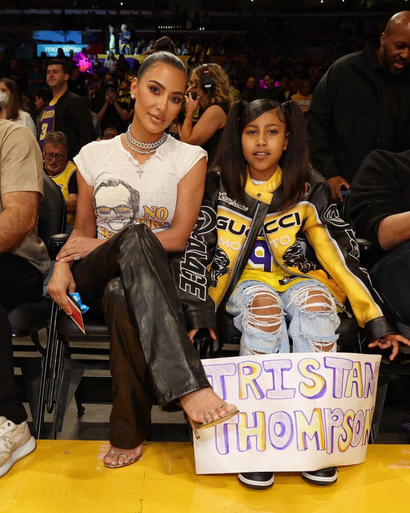 Kim Kardashian and North West poses for a photo in Game Six of the Western Conference Semi-Finals of the 2023 NBA Playoffs between Golden State Warriors against the Los Angeles Lakers on May 12, 2023 at Crypto.com Arena in Los Angeles, California.