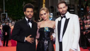 Abel “The Weeknd” Tesfaye, Lily-Rose Depp and Sam Levinson attend the "The Idol" red carpet during the 76th annual Cannes film festival at Palais des Festivals on May 22, 2023 in Cannes, France.
