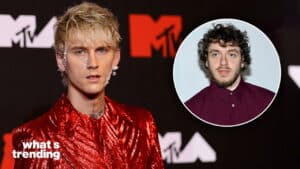 Machine Gun Kelly in a red suit with face jewelry at MTV event, inset of Jack Harlow in a maroon shirt