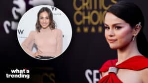 Selena Gomez in a red dress at the Critics Choice Awards with an inset of a woman in a pink top at a W Hollywood event.