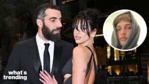 Actor Oscar Isaac in a black suit with singer Dua Lipa in a black dress, inset of a young man in a hoodie
