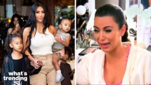 Kim Kardashian holding her child with two other children beside her, and a separate image of her crying in a makeup room.