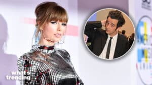 Taylor Swift in a silver reflective dress and a man in a black suit with a white shirt and black tie in an inset circle