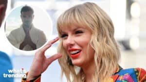 Taylor Swift smiling and touching her head with an inset of a man meditating with hands in prayer pose.