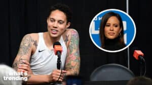 WNBA player Brittney Griner speaking at a press conference with an inset of her wife Cherelle Griner.