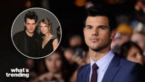 Taylor Lautner in a blue suit at a public event with an inset of John Mayer and Taylor Swift posing together