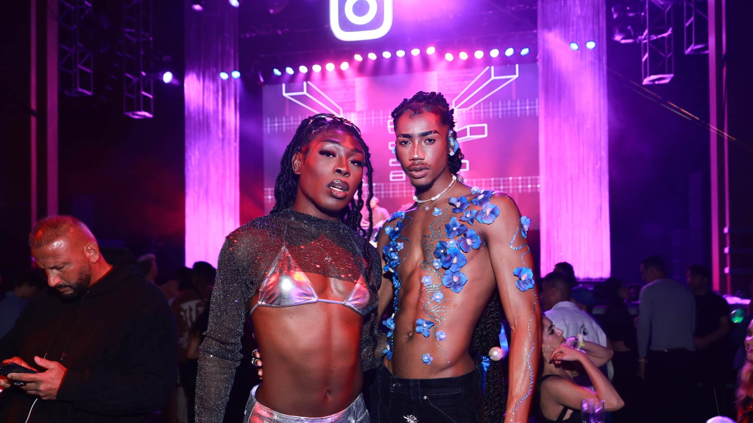 Adrian Patterson (R) and guest attend Instagram Night Out at VidCon 2023 at City National Grove of Anaheim on June 23, 2023 in Anaheim, California.