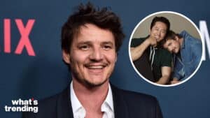 Pedro Pascal smiling at a Netflix event with an inset photo of Steven Yeun and Pedro Pascal together