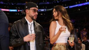 Rapper Bad Bunny and Kendall Jenner attends Game Six of the Western Conference Semi-Finals of the 2023 NBA Playoffs between Golden State Warriors against the Los Angeles Lakers on May 12, 2023 at Crypto.com Arena