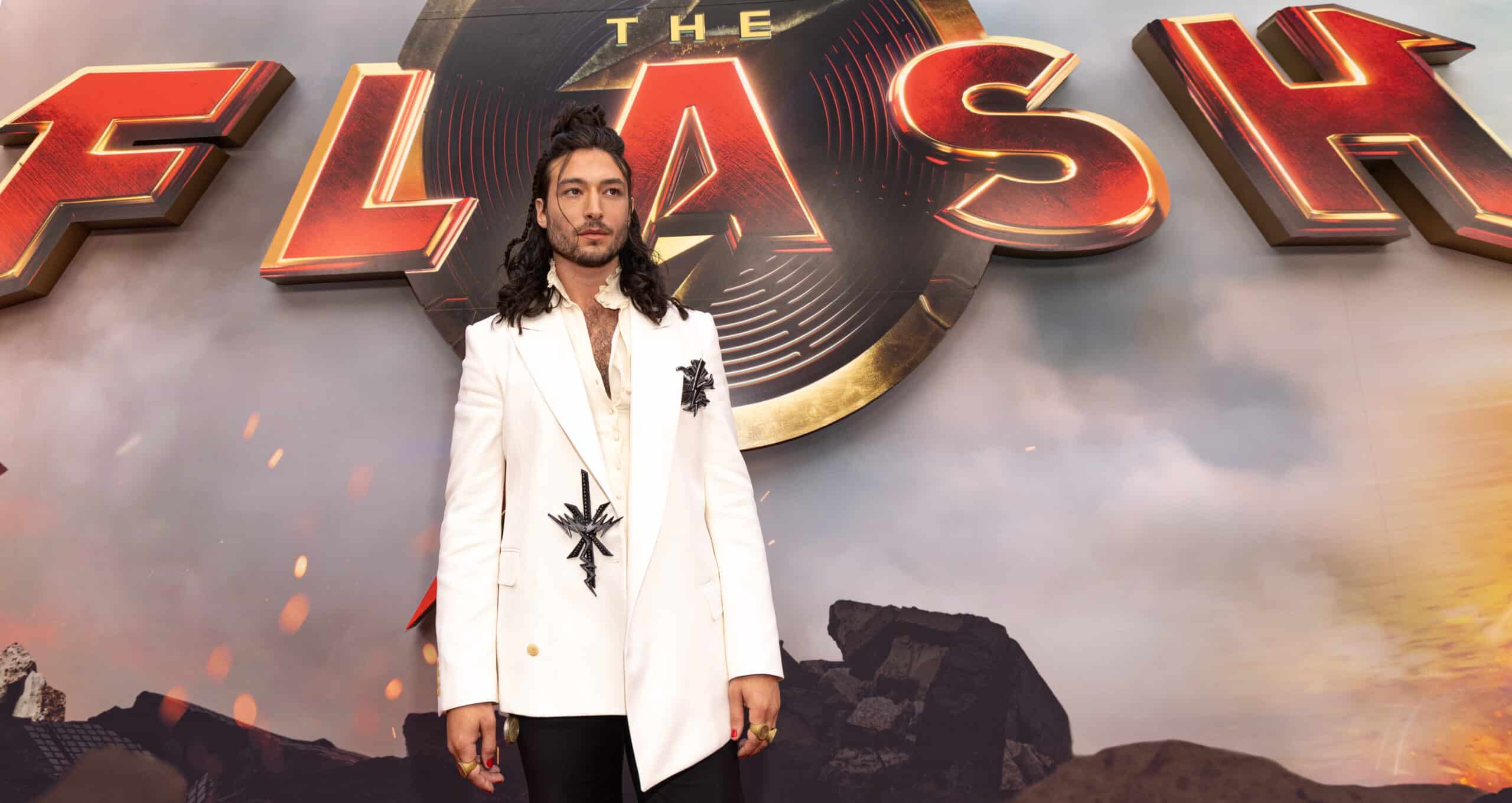 Ezra Miller at the premiere of "The Flash" held at TCL Chinese Theatre IMAX on June 12, 2023 in Los Angeles, California.