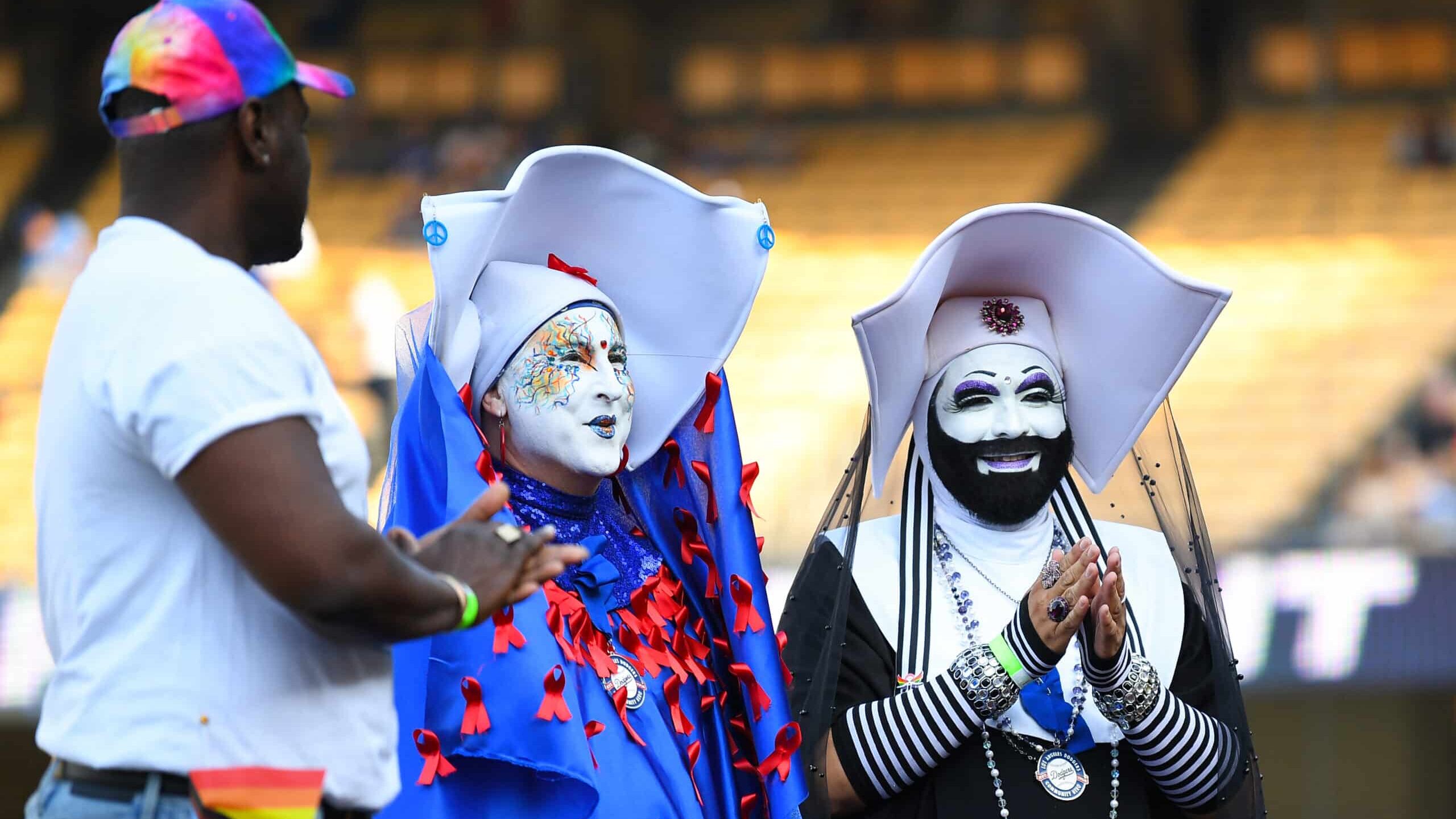 LOS ANGELES, CA - JUNE 16: Sister Unity and Sister Dominia of the Sisters of Perpetual Indulgence honored on LGBTQ & Pride Night before the MLB game between the San Francisco Giants and the Los Angeles Dodgers on June 16, 2023 at Dodger Stadium in Los Angeles, CA.