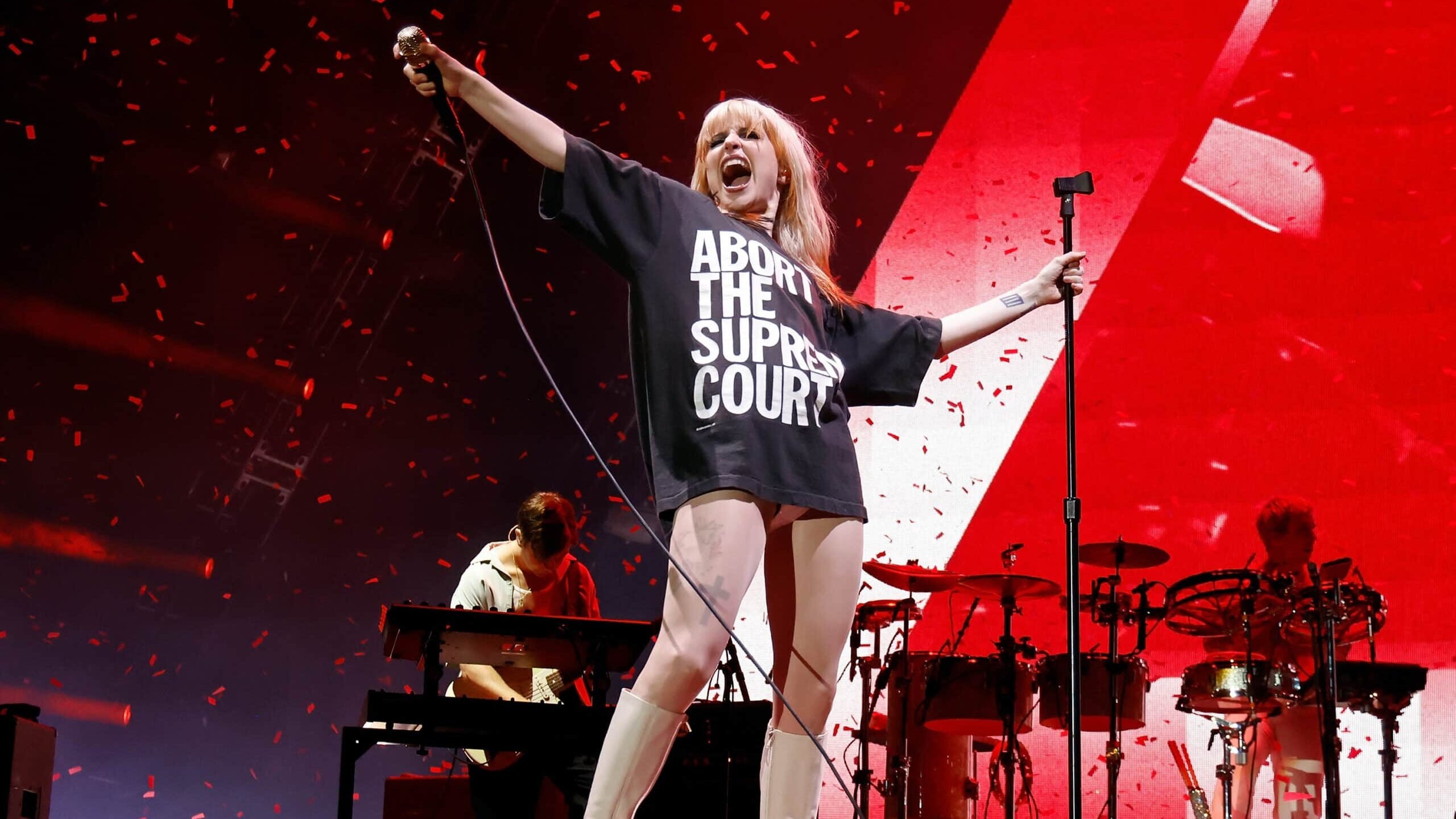 BOSTON, MASSACHUSETTS - MAY 28: Logan MacKenzie, Hayley Williams, and Joseph Mullen of Paramore perform during the 2023 Boston Calling Music Festival at Harvard Athletic Complex on May 28, 2023 in Boston, Massachusetts.