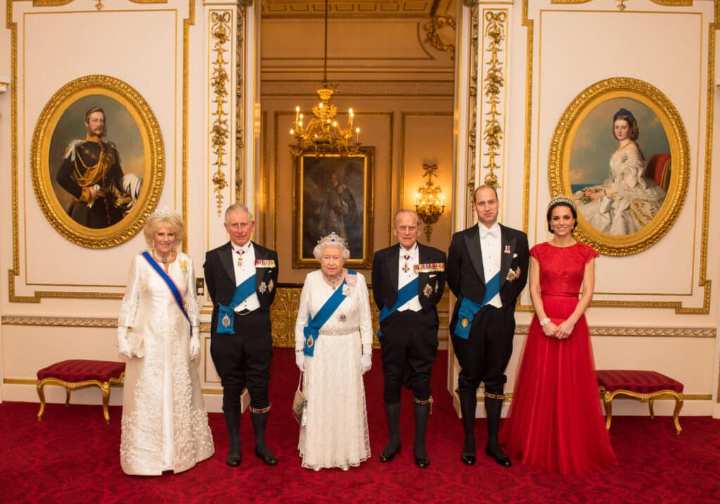 Camilla, Duchess of Cornwall, Prince Charles, Prince of Wales, Queen Elizabeth II, Prince Philip, Duke of Edinburgh, Prince William, Duke of Cambridge and Catherine, Duchess of Cambridge arrive for the annual evening reception for members of the Diplomatic Corps at Buckingham Palace on December 8, 2016 in London, England. 