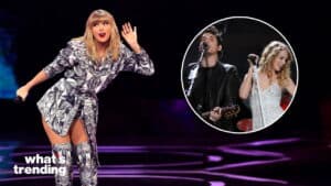 Taylor Swift performing on stage in a silver outfit with an inset of her singing with John Mayer.