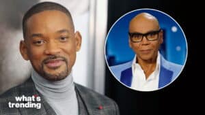 Will Smith smiling in a gray turtleneck and plaid jacket with an inset of RuPaul in glasses and a blue blazer