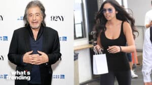 Al Pacino posing at a 92NY event and a woman in black tank top and sunglasses walking with a shopping bag