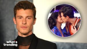 Shawn Mendes with inset of him kissing Camila Cabello on stage, "what's trending" logo visible