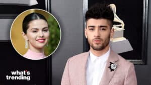 Zayn Malik in a pink suit with a white shirt and Selena Gomez in a pink top with dangling earrings in a circular inset