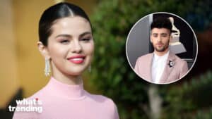 Selena Gomez smiling in a pink top with an inset image of Zayn Malik in a pink blazer at an event.