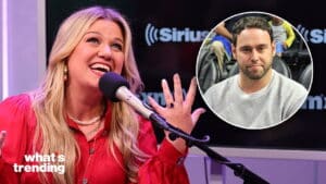 Kelly Clarkson speaking into a microphone on SiriusXM with an inset of Scooter Braun at a sports event