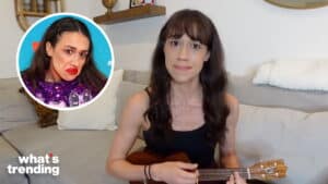 Colleen Ballinger playing ukulele on a couch with an inset of her making a funny face in a purple outfit