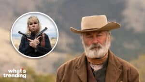 Bearded man in cowboy hat and brown coat with inset of woman holding two revolvers crossed over her chest