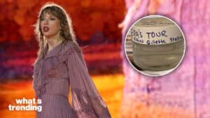 Taylor Swift performing in a purple dress with an inset of a labeled water jar from Gillette Stadium during her tour in the rain
